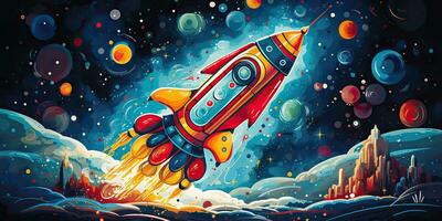 ai generiert. ai generativ. Karikatur Rakete gehen fliegen oben Start. Raum Galaxis Abenteuer Reise. Grafik Kunst foto