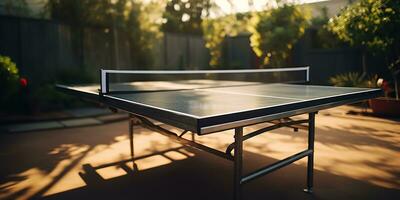 ai generiert. ai generativ. draussen Natur Tabelle Tennis Klingeln Pong Spiel Sport beim Sunett. Grafik Kunst foto