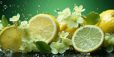 ai generiert. ai generativ. Natur draussen Blumen mit Zitrone Zitrusfrüchte und Wasser. gesund Dekoration Hintergrund. Grafik Kunst foto