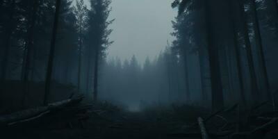 ai generiert. ai generativ. Nebel Magie Nebel Nacht dunkel Wald Baum Urwald Landschaft Hintergrund. unheimlich Natur draussen Abenteuer erkunden Reise Stimmung Stil. Grafik Kunst foto