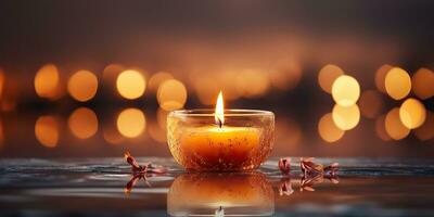 ai generiert. ai generativ. dekorativ Soja Wachs Kerze im Schüssel Platte. romantisch Weihnachten Weihnachten Spa entspannend spirituell Meditation Hintergrund Stimmung. Grafik Kunst foto