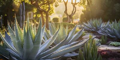 ai generiert. ai generativ. Natur draussen Pflanze gesund Medizin Aloe vera beim Haus Garten Hintergrund. Grafik Kunst foto