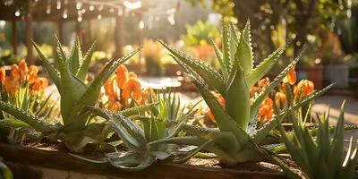 ai generiert. ai generativ. Natur draussen Pflanze gesund Medizin Aloe vera beim Haus Garten Hintergrund. Grafik Kunst foto