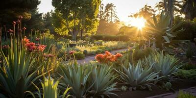 ai generiert. ai generativ. Natur draussen Pflanze gesund Medizin Aloe vera beim Haus Garten Hintergrund. Grafik Kunst foto