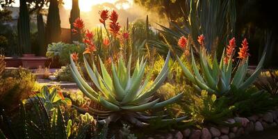 ai generiert. ai generativ. Natur draussen Pflanze gesund Medizin Aloe vera beim Haus Garten Hintergrund. Grafik Kunst foto