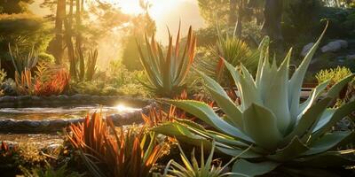 ai generiert. ai generativ. Natur draussen Pflanze gesund Medizin Aloe vera beim Haus Garten Hintergrund. Grafik Kunst foto