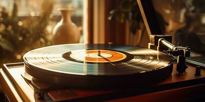 ai generiert. ai generativ. retro Jahrgang Antiquität Klang Musik- Audio- Vinyl Spieler Aufzeichnung Box beim gemütlich heim. Grafik Kunst foto