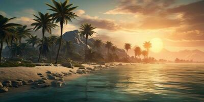 ai generiert. ai generativ. Abenteuer Ferien Landschaft Aussicht von Paradies Insel Sand Küste mit Palmen auf Sonnenuntergang. Ferien entspannend Hintergrund Stimmung. Grafik Kunst foto