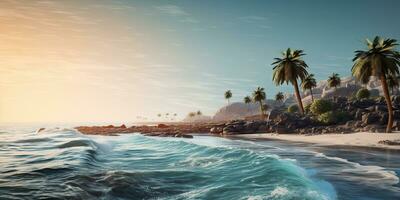 ai generiert. ai generativ. Abenteuer Ferien Landschaft Aussicht von Paradies Insel Sand Küste mit Palmen auf Sonnenuntergang. Ferien entspannend Hintergrund Stimmung. Grafik Kunst foto