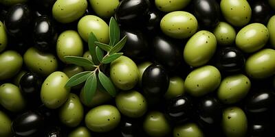 ai generiert. ai generativ. schwarz und Grün Oliven gesund organisch Gemüse mischen Dekoration Muster Hintergrund. Grafik Kunst foto