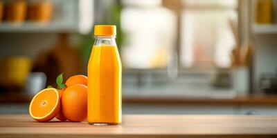 ai generiert. ai generativ. Orange Saft notch Glas Ware auf Küche hell Tag Tabelle spotten oben Hintergrund. gesund Morgen Vitamin c. Grafik Kunst foto