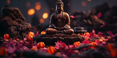 ai generiert. ai generativ. Kultur Geschichte asiatisch indisch Religion Buddha Statue Zahl mit Natur Rosa Pflanzen Hintergrund. Ruhe entspannen Liebe Frieden innere Stimmung. Grafik Kunst foto