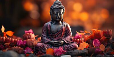 ai generiert. ai generativ. Kultur Geschichte asiatisch indisch Religion Buddha Statue Zahl mit Natur Rosa Pflanzen Hintergrund. Ruhe entspannen Liebe Frieden innere Stimmung. Grafik Kunst foto