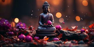 ai generiert. ai generativ. Kultur Geschichte asiatisch indisch Religion Buddha Statue Zahl mit Natur Rosa Pflanzen Hintergrund. Ruhe entspannen Liebe Frieden innere Stimmung. Grafik Kunst foto