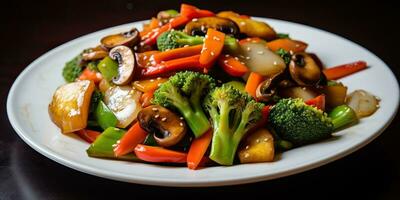 ai generiert. ai generativ. rühren gebraten frisch Gemüse. gesund Diät Mahlzeit Essen auf Platte. Abendessen Zeit. Grafik Kunst foto