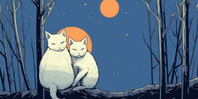 ai generiert. ai generativ. zwei Katzen Sitzung beim Nacht im Vorderseite von das Mond zusammen. Liebe romantisch Valentinstag Post Karte Stimmung. Grafik Kunst foto