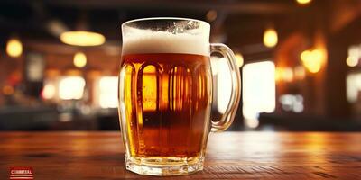 ai generiert. ai generativ. Bier Glas Becher mit Licht Bier beim Kneipe Bar Taverne Hintergrund auf hölzern Tabelle Nacht Leben Party. Grafik Kunst foto