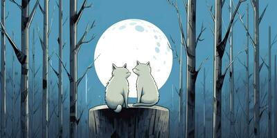 ai generiert. ai generativ. zwei Katzen Sitzung beim Nacht im Vorderseite von das Mond zusammen. Liebe romantisch Valentinstag Post Karte Stimmung. Grafik Kunst foto