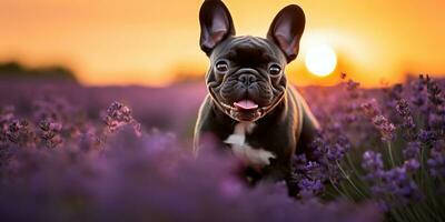 ai generiert. ai generativ. frenchie Französisch Bulldogge Hund süß Gesicht Porträt beim Lavendel Feld Landschaft draussen Natur. Grafik Kunst foto