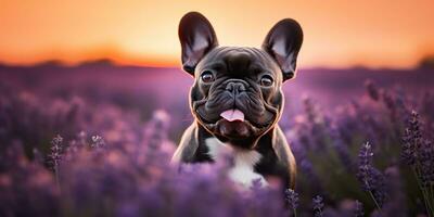 ai generiert. ai generativ. frenchie Französisch Bulldogge Hund süß Gesicht Porträt beim Lavendel Feld Landschaft draussen Natur. Grafik Kunst foto