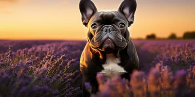 ai generiert. ai generativ. frenchie Französisch Bulldogge Hund süß Gesicht Porträt beim Lavendel Feld Landschaft draussen Natur. Grafik Kunst foto