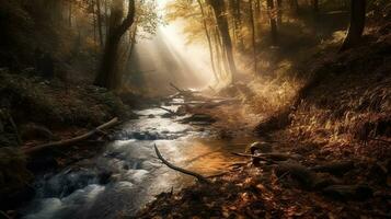 ai generiert. ai generativ. Wald Baum Urwald Wasserfall klein. Abenteuer Natur draussen Landschaft Reise Trekking Stimmung. Grafik Kunst foto