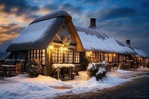 Winter gemütlich mit Stroh gedeckt Hütte in der Nähe von zu Strand. dekoriert mit Beleuchtung. ai generiert foto