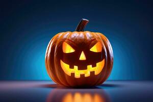 Halloween Kürbis mit unheimlich Gesicht auf dunkel Hintergrund. ai generiert foto