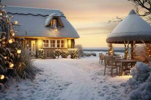 Winter gemütlich mit Stroh gedeckt Hütte in der Nähe von zu Strand. dekoriert mit Beleuchtung. ai generiert foto