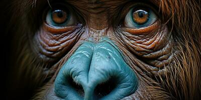 ai generiert. ai generativ. Orang-Utan Affe Gesicht Porträt Augen Aufpassen auf Du. Säugetier Tier Hintergrund Sicht. Grafik Kunst foto