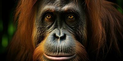 ai generiert. ai generativ. Orang-Utan Affe Gesicht Porträt Augen Aufpassen auf Du. Säugetier Tier Hintergrund Sicht. Grafik Kunst foto