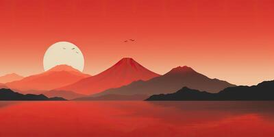 ai generiert. ai generativ. japanisch asiatisch minimalistisch Landschaft Hintergrund. Natur draussen Sonne Berg Sonnenuntergang Sonnenaufgang Ferien Abenteuer Sicht. Grafik Kunst foto