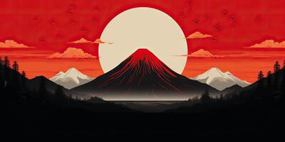 ai generiert. ai generativ. japanisch asiatisch minimalistisch Landschaft Hintergrund. Natur draussen Sonne Berg Sonnenuntergang Sonnenaufgang Ferien Abenteuer Sicht. Grafik Kunst foto