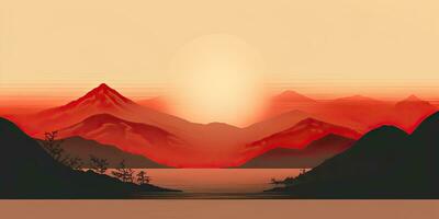 ai generiert. ai generativ. japanisch asiatisch minimalistisch Landschaft Hintergrund. Natur draussen Sonne Berg Sonnenuntergang Sonnenaufgang Ferien Abenteuer Sicht. Grafik Kunst foto