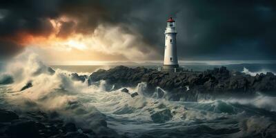 ai generiert. ai generativ. nautisch Marine Marine Landschaft mit Leuchtturm auf Felsen Küste Linie mit enorm Wellen. Meer Abenteuer erkunden. Grafik Kunst foto