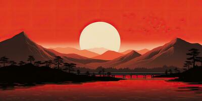 ai generiert. ai generativ. japanisch asiatisch minimalistisch Landschaft Hintergrund. Natur draussen Sonne Berg Sonnenuntergang Sonnenaufgang Ferien Abenteuer Sicht. Grafik Kunst foto