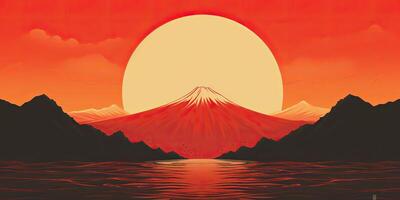 ai generiert. ai generativ. japanisch asiatisch minimalistisch Landschaft Hintergrund. Natur draussen Sonne Berg Sonnenuntergang Sonnenaufgang Ferien Abenteuer Sicht. Grafik Kunst foto