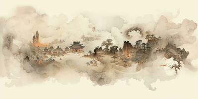 ai generiert. ai generativ. uralt Chinesisch Tempel Berg Nebel Nebel Landschaft. Ferien Abenteuer draussen asiatisch traditionell Zeichnung Gemälde Kunst. Grafik Kunst foto