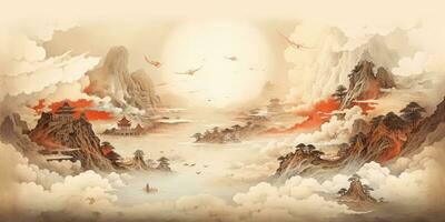 ai generiert. ai generativ. uralt Chinesisch Tempel Berg Nebel Nebel Landschaft. Ferien Abenteuer draussen asiatisch traditionell Zeichnung Gemälde Kunst. Grafik Kunst foto