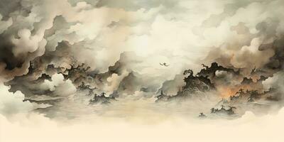ai generiert. ai generativ. uralt Chinesisch Tempel Berg Nebel Nebel Landschaft. Ferien Abenteuer draussen asiatisch traditionell Zeichnung Gemälde Kunst. Grafik Kunst foto