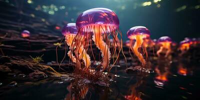 ai generiert. ai generativ. rot Qualle unter Wasser Tierwelt Meer Ozean Aquarium Leben. Grafik Kunst foto