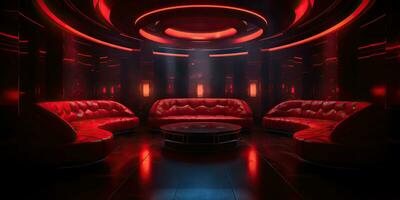 ai generiert. ai generativ. vip Privat Zimmer beim Nachtclub Innere Design. rot dunkel Nacht Leben Stil Party mit rot Sofa Sitzplätze. Grafik Kunst foto
