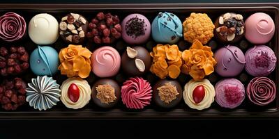 ai generiert. ai generativ. Box von Süss Wüste Süßigkeiten Schokolade. romantisch Urlaub Geschenk Geschenk lecker Lebensmittel. Grafik Kunst foto
