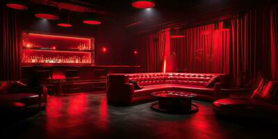 ai generiert. ai generativ. vip Privat Zimmer beim Nachtclub Innere Design. rot dunkel Nacht Leben Stil Party mit rot Sofa Sitzplätze. Grafik Kunst foto