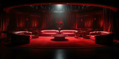 ai generiert. ai generativ. vip Privat Zimmer beim Nachtclub Innere Design. rot dunkel Nacht Leben Stil Party mit rot Sofa Sitzplätze. Grafik Kunst foto