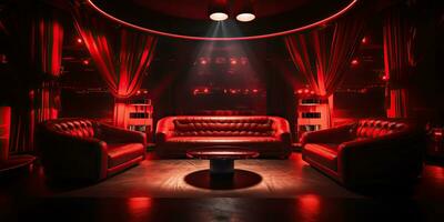 ai generiert. ai generativ. vip Privat Zimmer beim Nachtclub Innere Design. rot dunkel Nacht Leben Stil Party mit rot Sofa Sitzplätze. Grafik Kunst foto