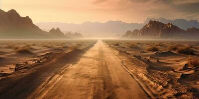 ai generiert. ai generativ. Sand Wüste heiß schmutzig Straße Weg. draussen Arizona Western Natur Landschaft Hintergrund. Straße Ausflug Reise Abenteuer erkunden Stimmung. Grafik Kunst foto