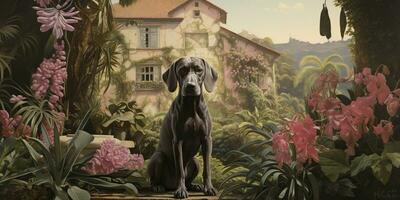 ai generiert. ai generativ. Deutsche kurz Haar Zeiger Hund Jäger beim tropisch Blumen Pflanzen Garten Hintergrund. Natur draussen wild Landschaft. Grafik Kunst foto