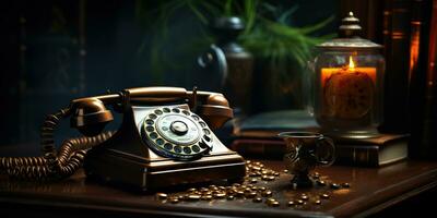 ai generiert. ai generativ. klassisch retro Jahrgang Antiquität Telefon sich unterhalten Telefon auf hölzern Tisch. Grafik Kunst foto