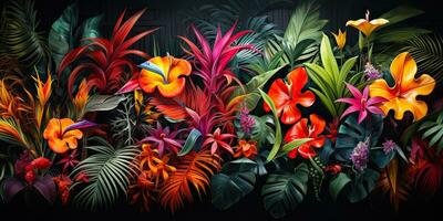 ai generiert. ai generativ. notanisch Kräuter- exotisch tropisch Pflanzen Kräuter Blumen botanisch Laub Hintergrund Natur Urwald lanfscape. Grafik Kunst foto